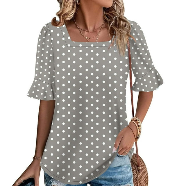 Wensltd Women's Summer Loose Blouses Printed Ruffled Sleeve Square Neck Top