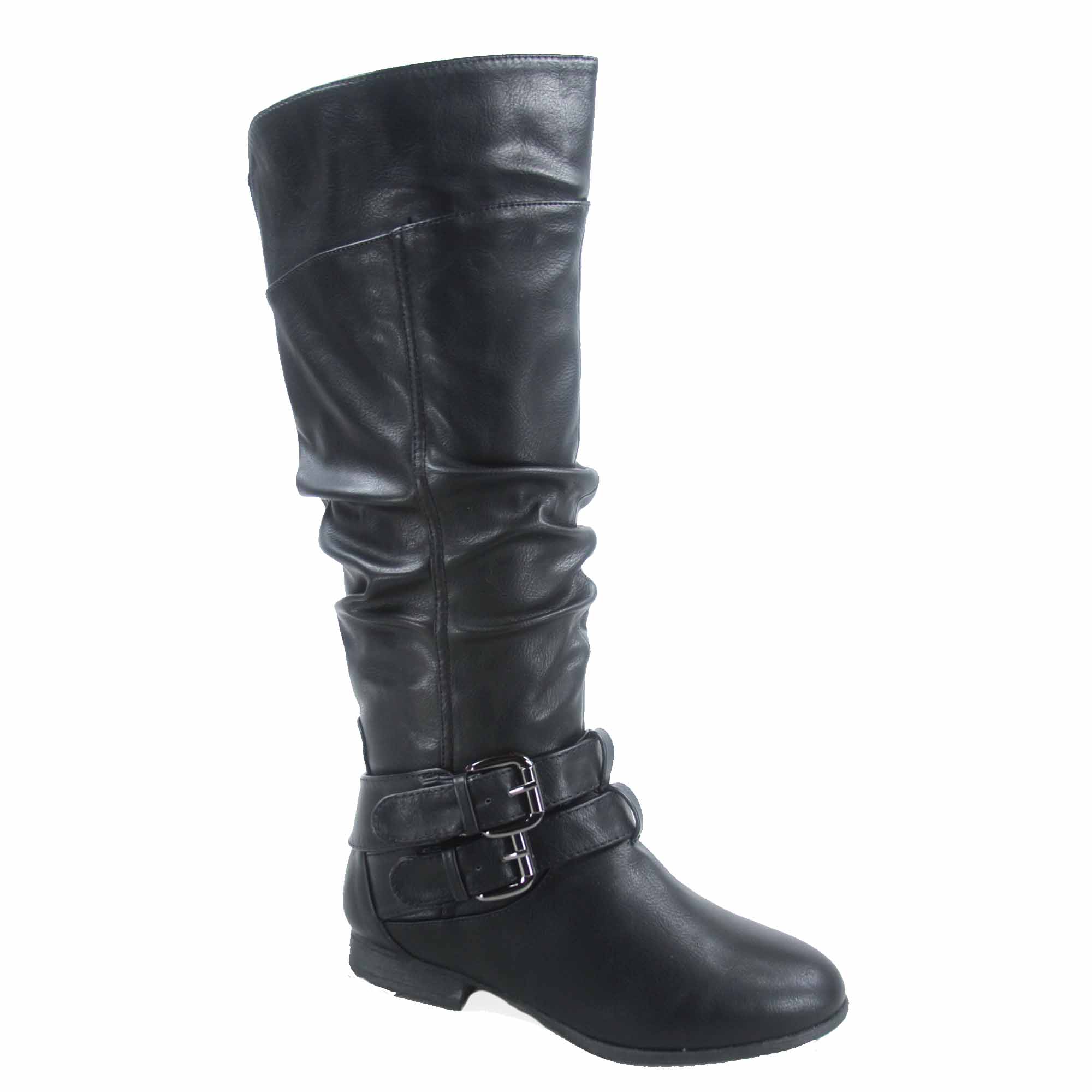 Top Moda Women's Riding Boots Round Toe, Buckle & Zipper, Faux Leather, Black, 8