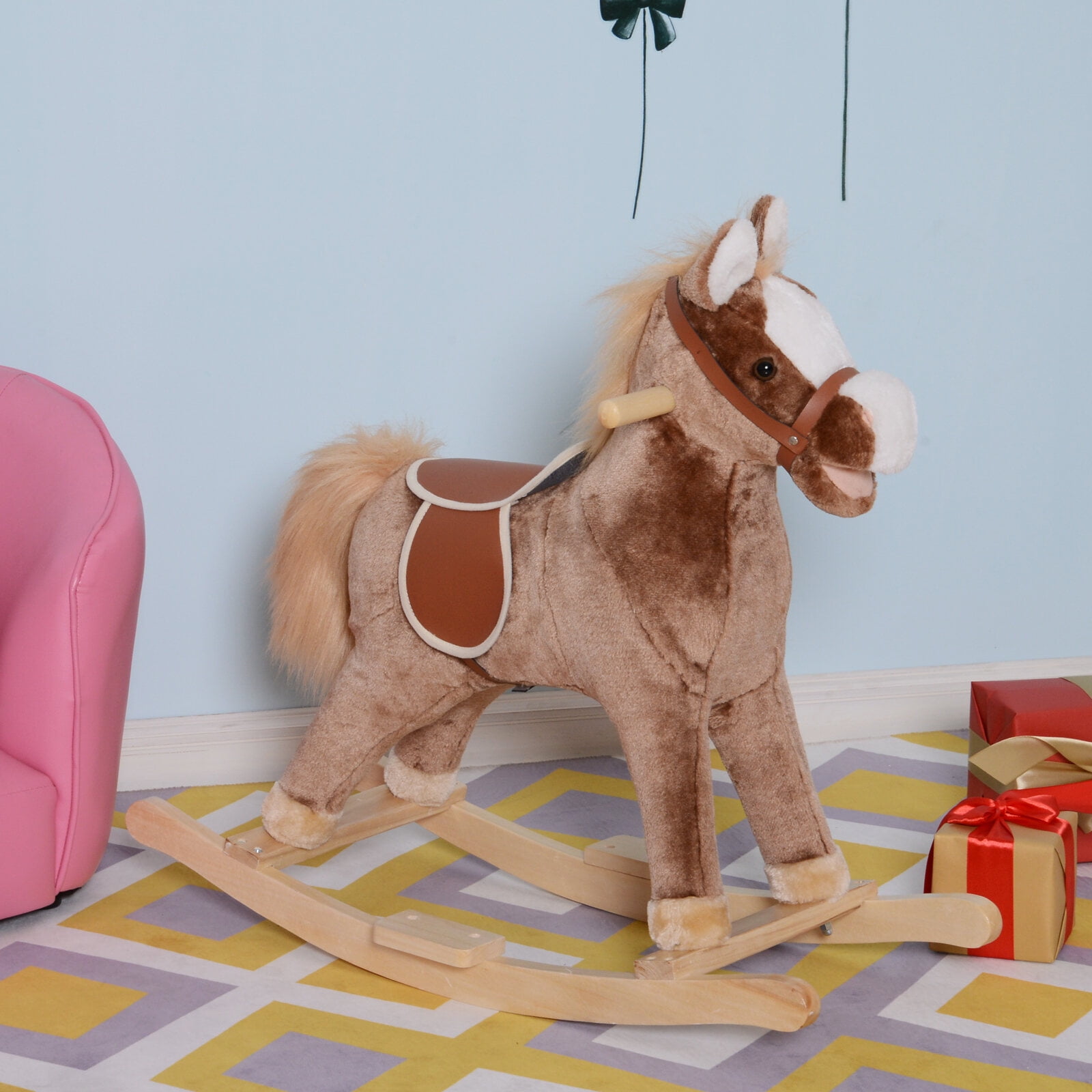 Childrens Bike, Qaba Kids Rocking Horse, Plush Toddler Rocker, Wooden Base Ride-On Toy with Handle Grip, Traditional Toy for Kids 36M+, Brown, Brown Kids Bike,Plush Girls Bike