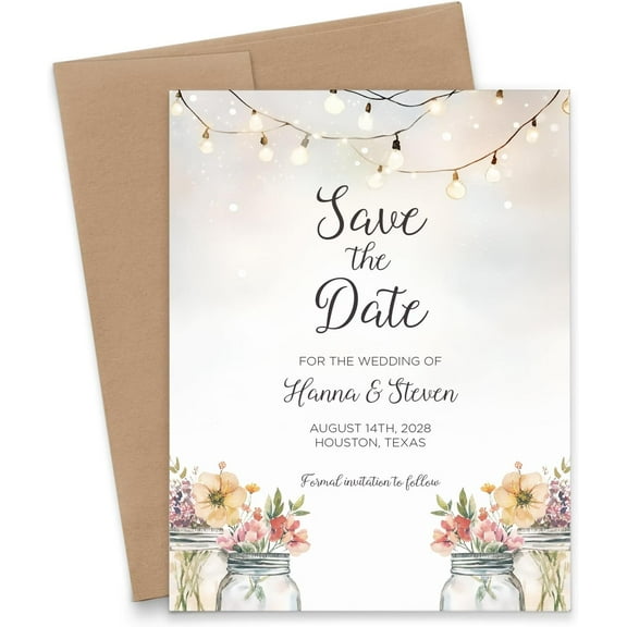 Themed  the Dates For Weddings, Mason Jar  the Date Wedding Invitation With Envelopes, Country Wedding  the Date Invitations With Flowers, Your choice of Quantity and Envelope Color