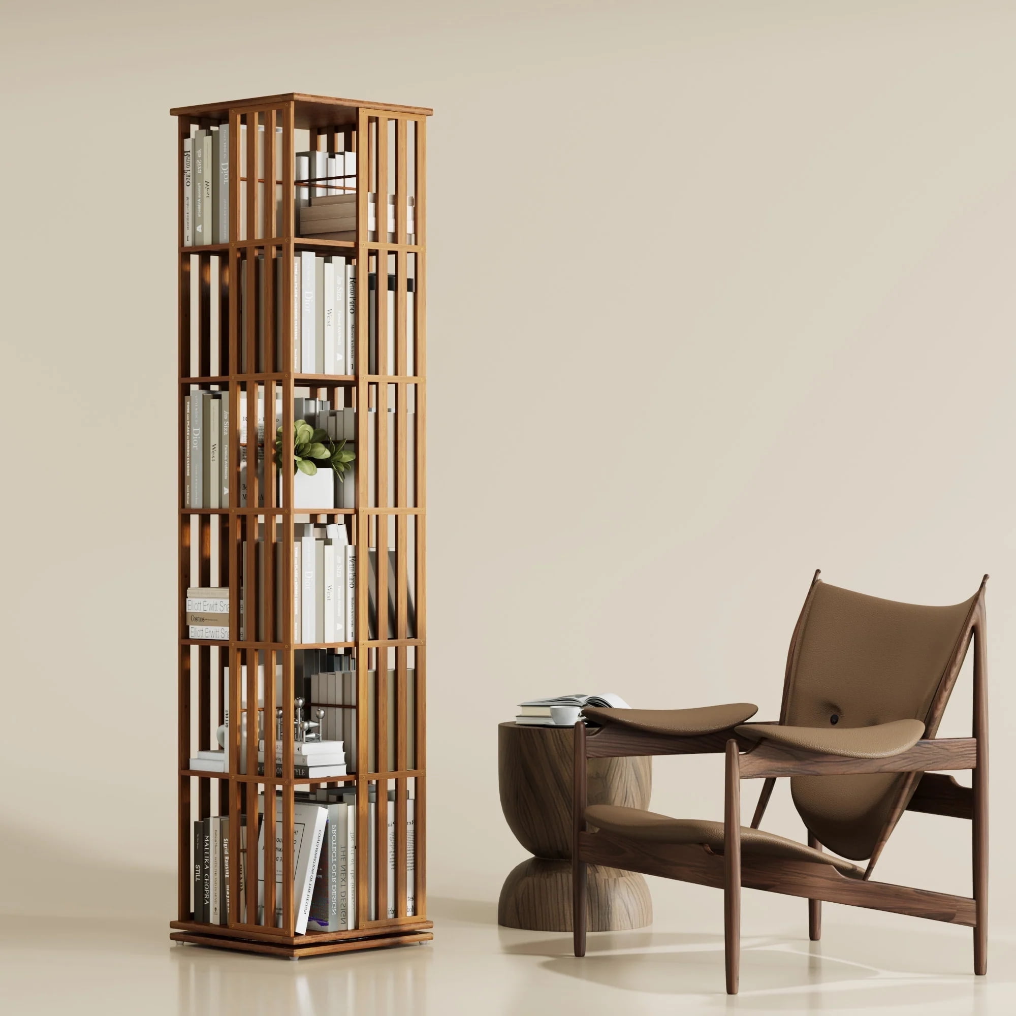 YOWOS Bamboo Rotating Corner Shelf, 6-Tier Bookcase Tower with Display Organizer and Floor Storage Rack, Walnut