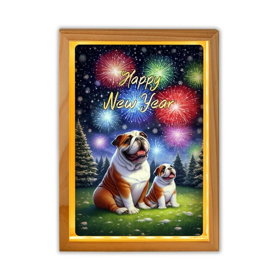 Happy New Year Bulldog Family Cheer Winter Midnight Firework Acrylic Plaque with Wood Photo Frame Box Dog Lover Gifts Idea Light Box - 02025