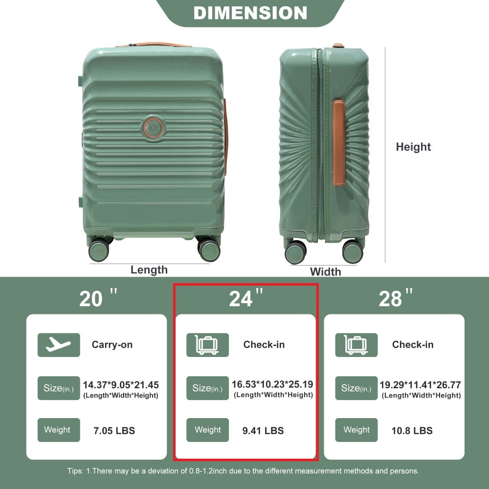Yougu 24" Carry on Luggage Lightweight Suitcase TSA Lock USB,Green