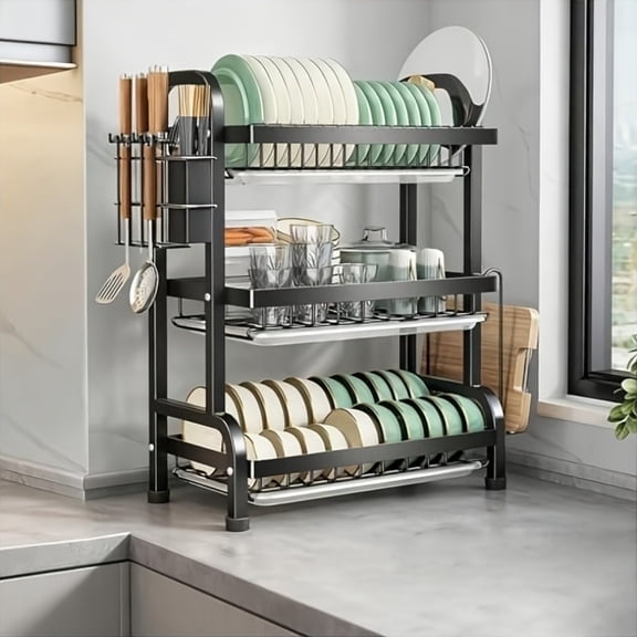 3-Tier Dish Drying Rack for Kitchen Counter, Large Capacity Dish Drainer with Cup Holder and Utensil Organizer, Space-Saving Kitchen Storage Rack