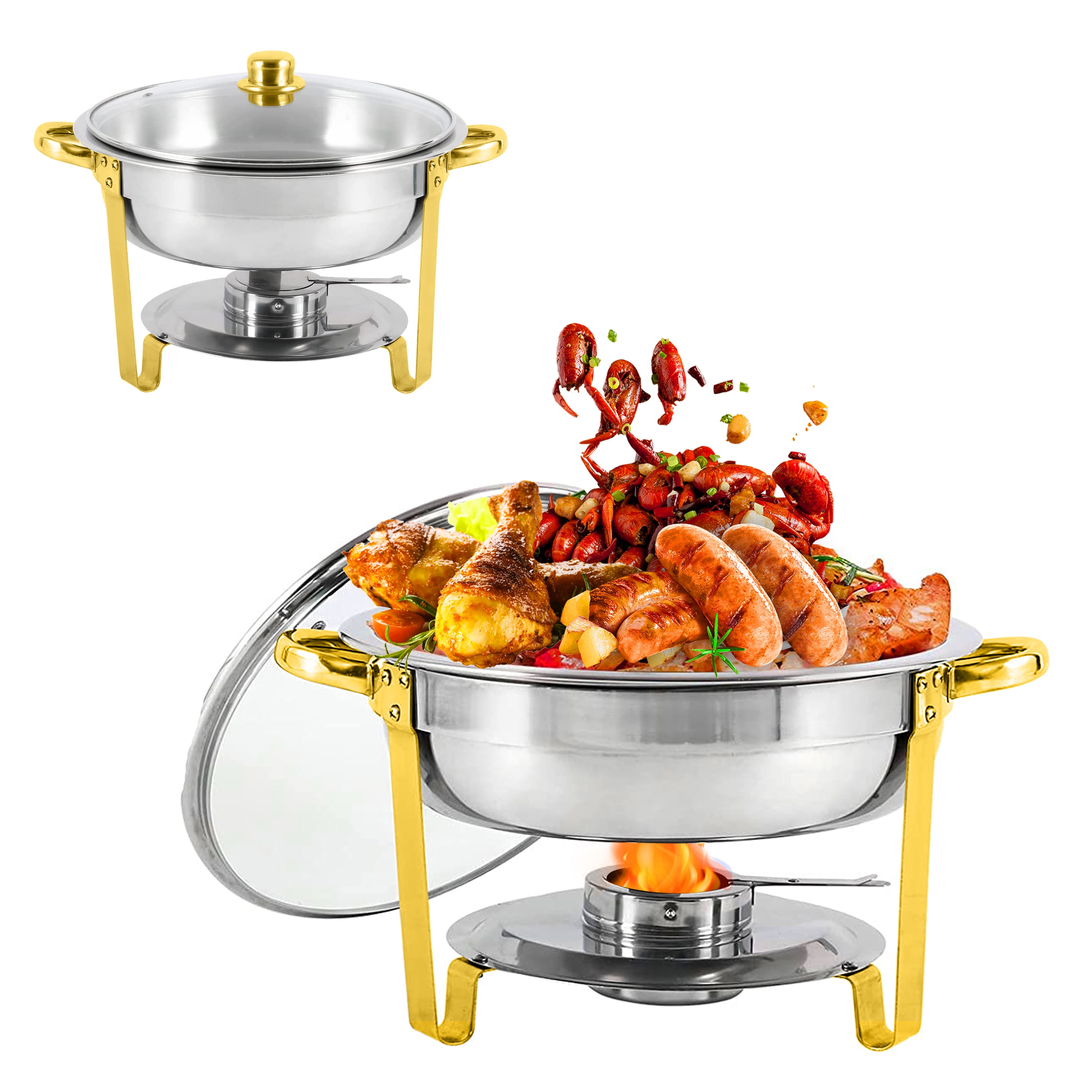 Geetery 2 Pack Stainless Steel Soup Warmer 7 QT Soup Chafer Round Chafers  for Catering with Clear Glass Pot Lid and Fuel Holder, for Catering
