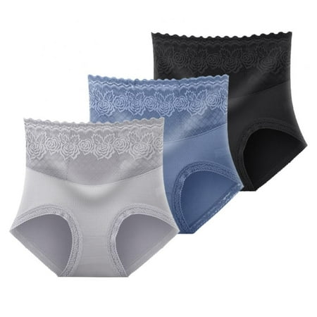 3-Pack Women High Waist Lace Briefs Floral Modal Tummy Control Underwear Panties Full Coverage Sexy Panty