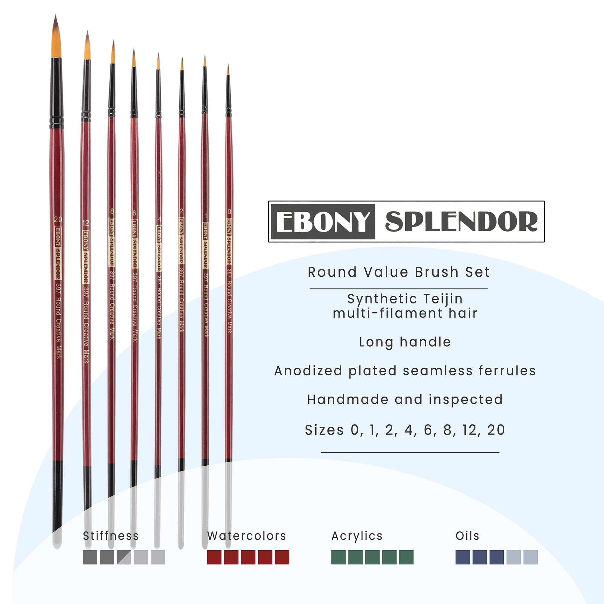 Creative Mark Ebony Splendor Long Handle Synthetic Sable Paint Brush, Round Set of 8, Teijin Multi-Filament Hair, Handcrafted Synthetic Paint Brushes for Acrylic Painting, Watercolor Painting & More