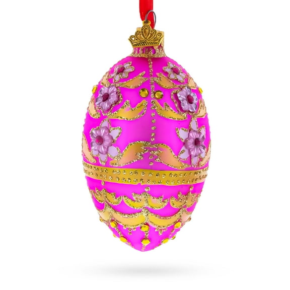 Jeweled Flowers on Pink Glass Egg Ornament 4 Inches