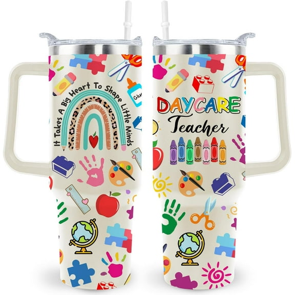 Daycare Teacher Appreciation Gift - Insulated Travel Tumbler Cup 40oz for Daycare Teachers (Women & Men) with Straw and Handle