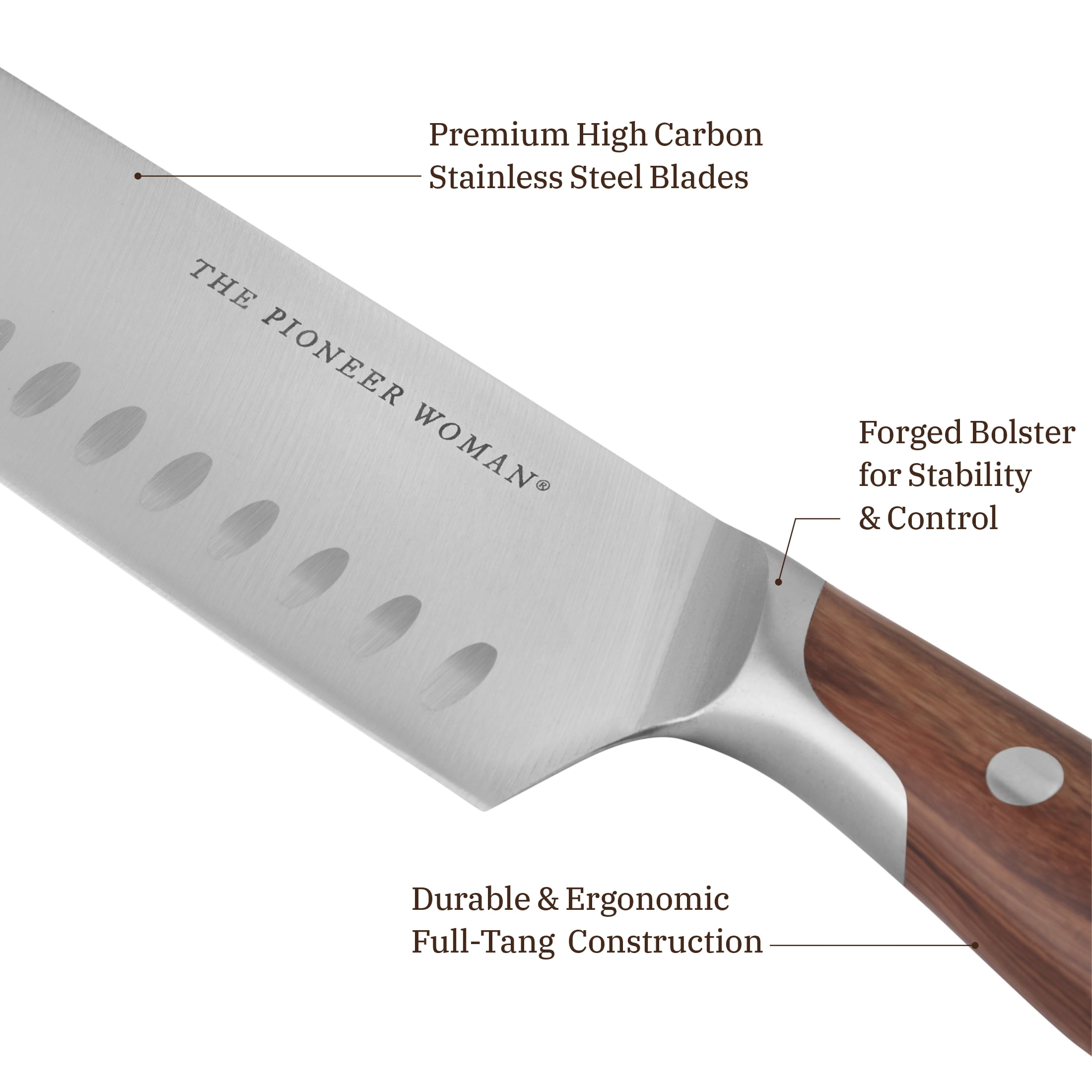 The Pioneer Woman 11 Pieces Knife Set with Decal Block Stainless Steel Knives, Forged,Brown Agatha