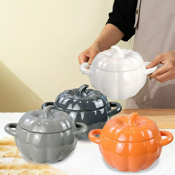 Cuenco de sopa de cerámica con tapa | Forma de calabaza | Bol grande de fideos dobles de orejas de 1800ML | Blanco Negro Naranja Gris | Versátil para uso en cocinas domésticas | 1 pieza incluida