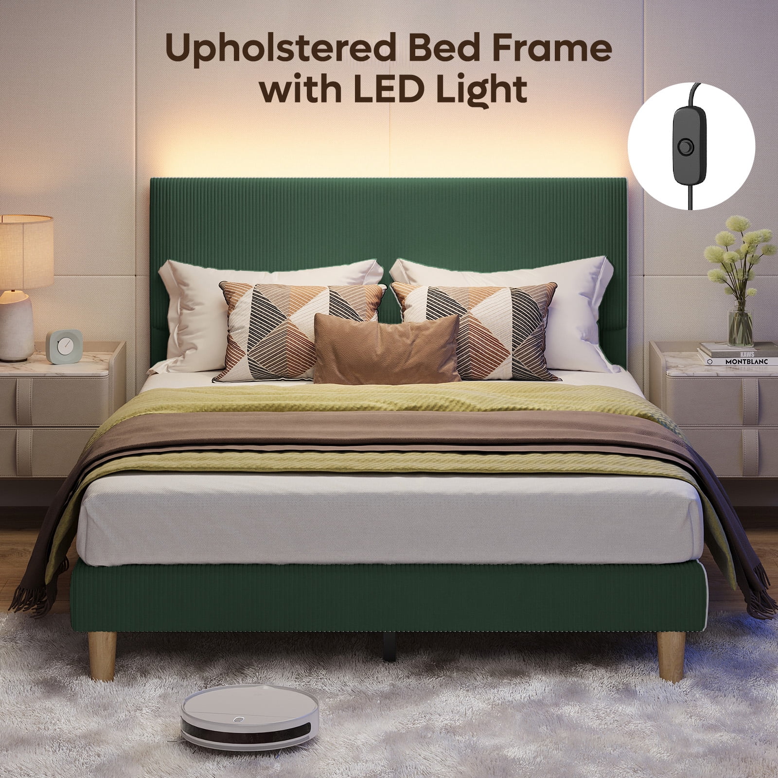 Bestier Corduroy Upholstered queen Bed Frame with Adjustable Headboard, Platform Bed Frame with LED Light, Solid Wood Slats, No Box Spring Needed, Green