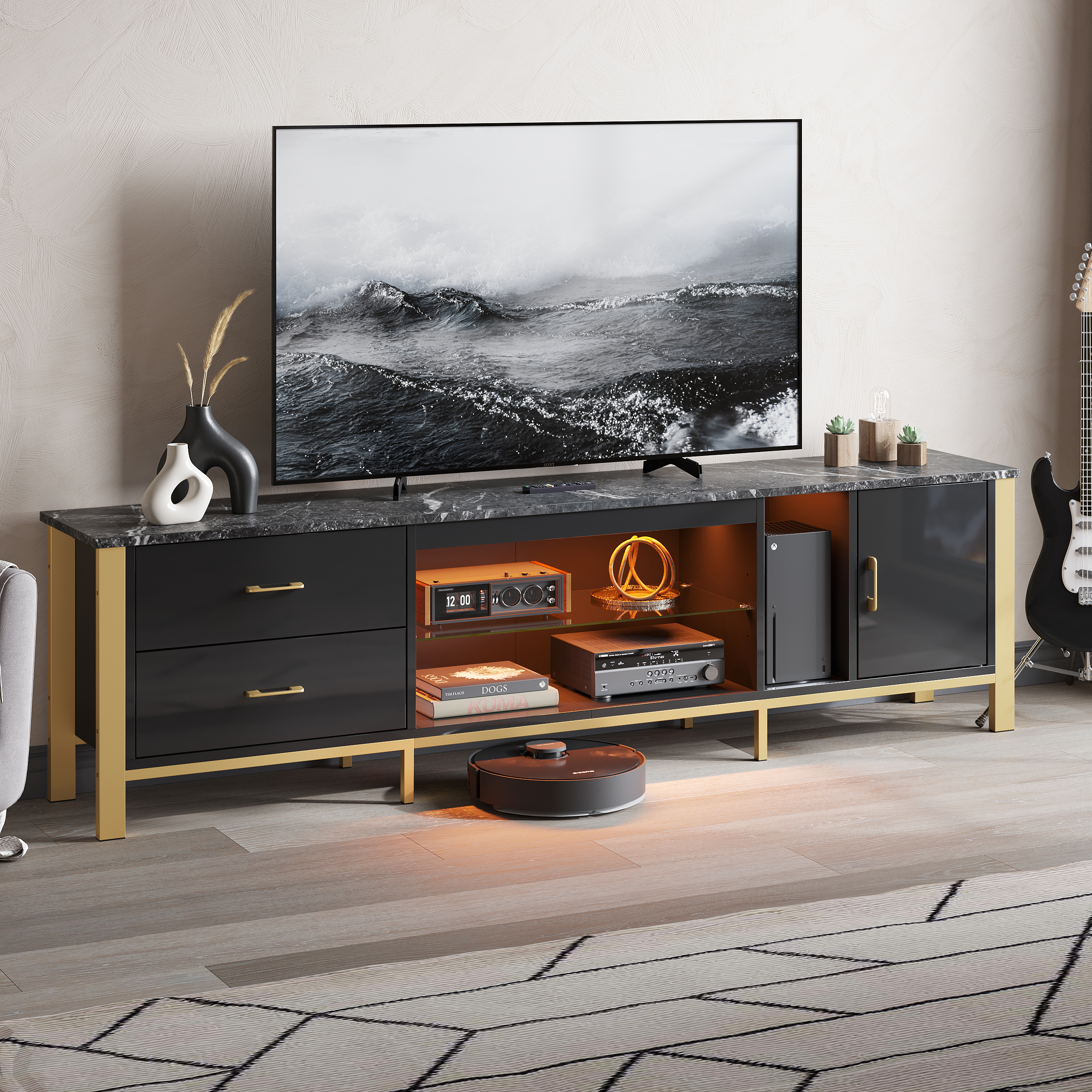 Bestier 80" Modern TV Stand LED Entertainment Center High Gloss Console Table for TVs up to 85" with Storage Cabinet and Drawers, Black