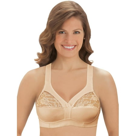 Collections Etc Women s Cotton Bra - Underwire-Free with Lace Accents and Thick Straps for Extra Support  Beige  40C