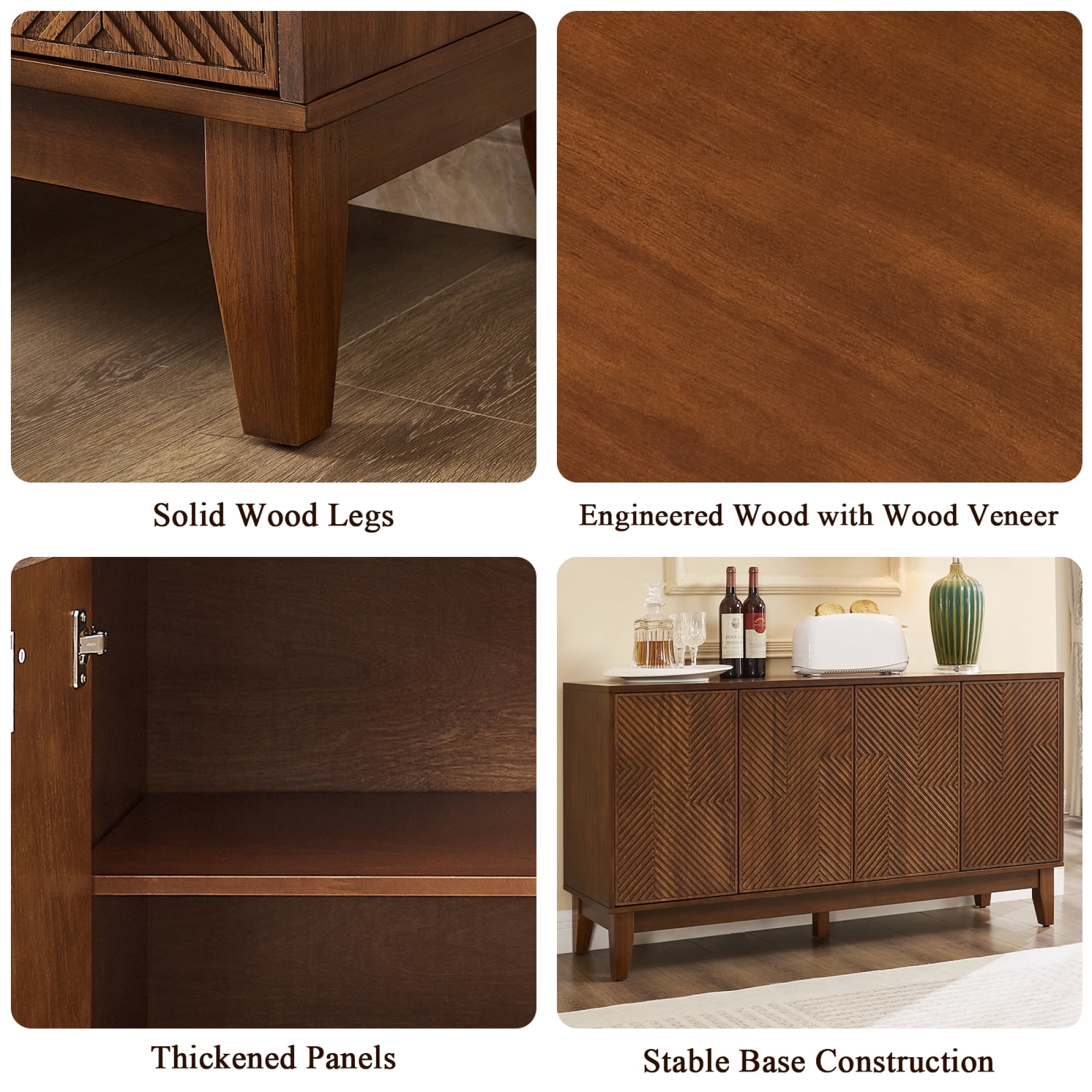 Leumius 56" Mid Century Modern TV Stand, Wood Storage Cabinet with Carved Geometric Doors, 4 Door Media Console, Sideboard Buffet Cabinet for Living Room Dining Room Entryway Walnut