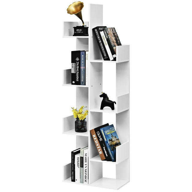 Patiojoy Freestanding Bookshelf 8-shelf Floor Stand Display Wooden Bookcase for Home Ofiice White