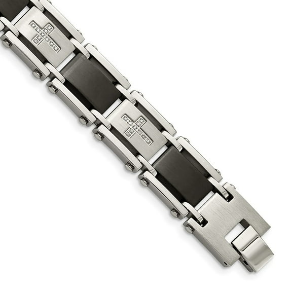 Stainless Steel Bracelet Diamond Link, Other Men's 19 mm 8.75 in Chisel Brushed and Polished Black IP-plated with 1/4 carat