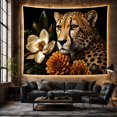 thumbnail image 6 of Leopard Portrait Among Magnolia and Dahlias on Black Dramatic Illustration for Animal Lovers, Realistic Wildlife Art Housewarming Gift, Tapestry Wall Hanging for Bedroom and Living Room, 6 of 7