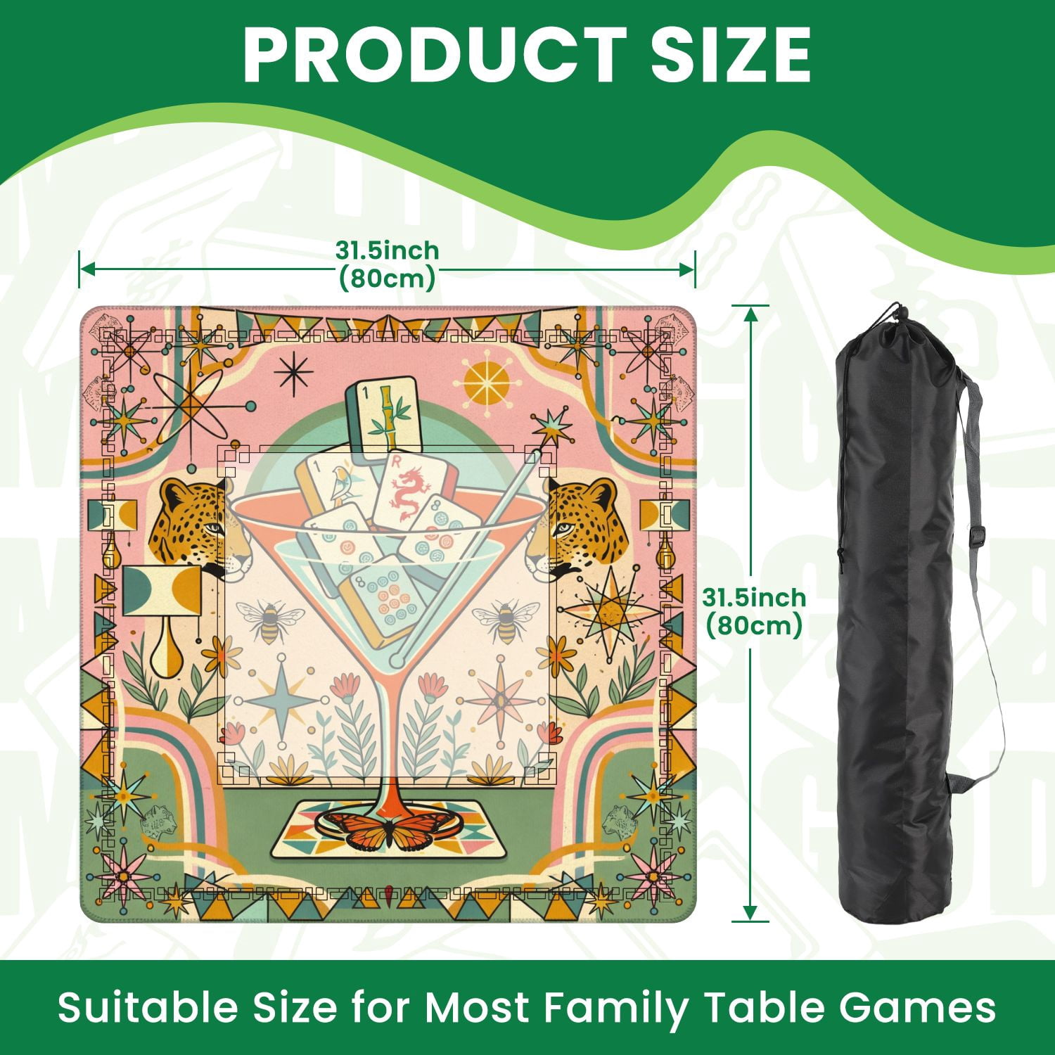 Mahjong Mat 31.5" x 31.5" Mid Century Modern Martini Glass Tigers Mahjong Tiles Floral Accents Non-Slip Noise Reduction American Mahjong Tiles Table Cover for Dominoes Poker Card Board Games Gift