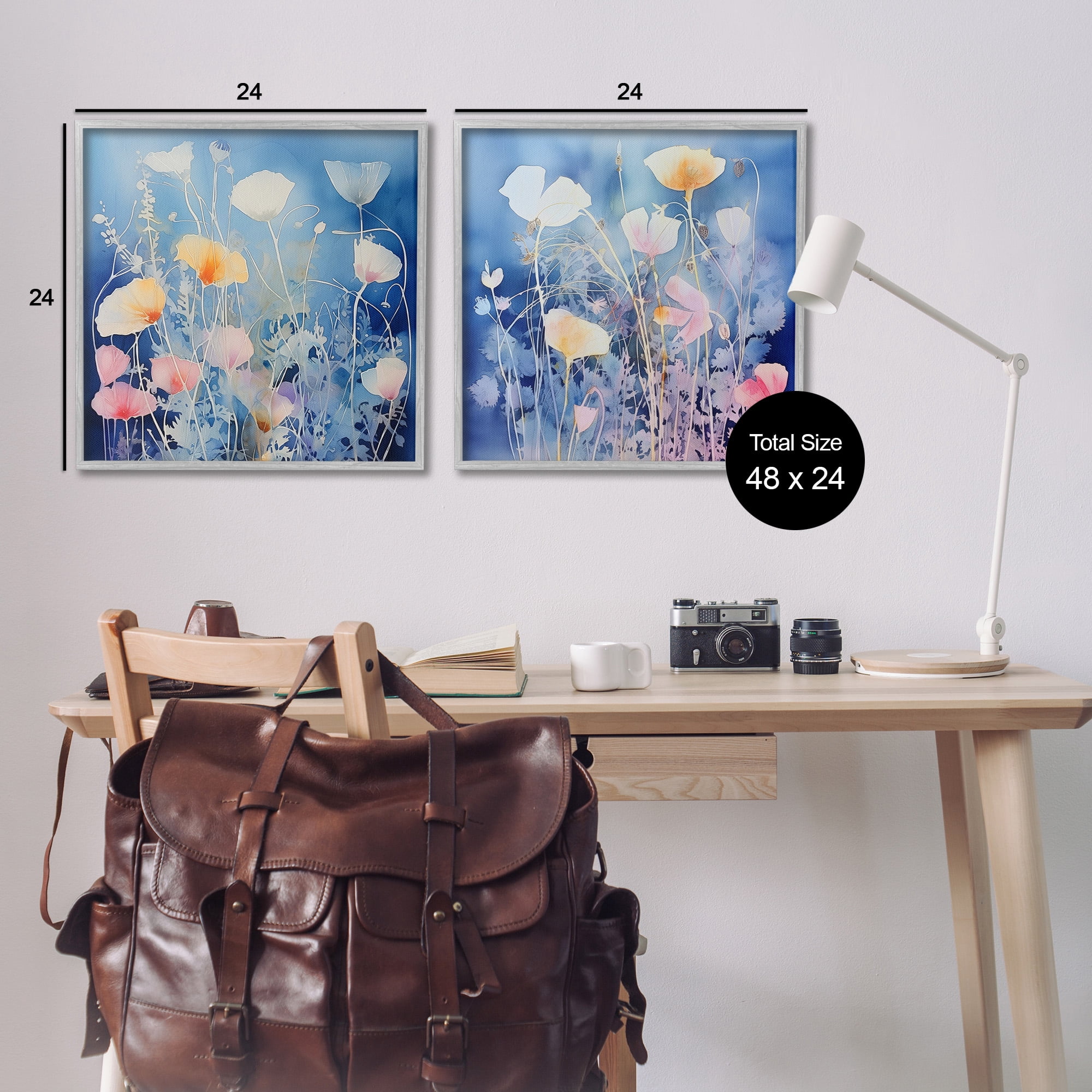 Stupell Industries Abstract Poppies on Blue Botanical & Floral Painting Gray Framed Art Print Wall Art, 24 x 24, Set of 2
