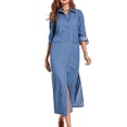 thumbnail image 3 of Frontwalk Ladies Denim Shirt Dress Lapel Jean Dresses Button Down Travel Plain Long Sleeve Light Blue S, 3 of 8
