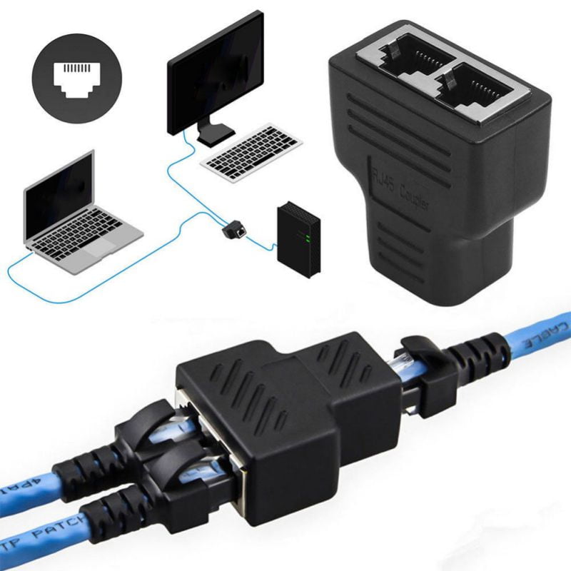 RJ45 Splitter Adapter 1 to 2 Ways Dual Female Port CAT6 LAN Ethernet Cable Black