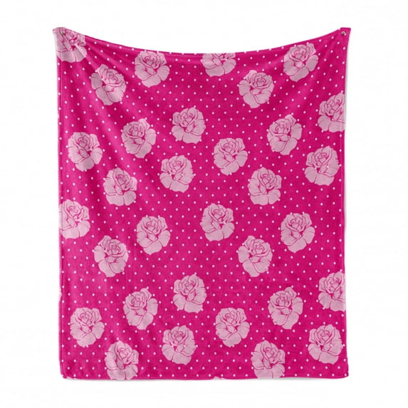 Hot Pink Soft Flannel Fleece Throw Blanket, Vintage Pale Pink Roses on White Dotted Hot Pink Background Love, Cozy Plush for Indoor and Outdoor Use, 70" x 90", Hot Pink Pale Pink White, by Ambesonne