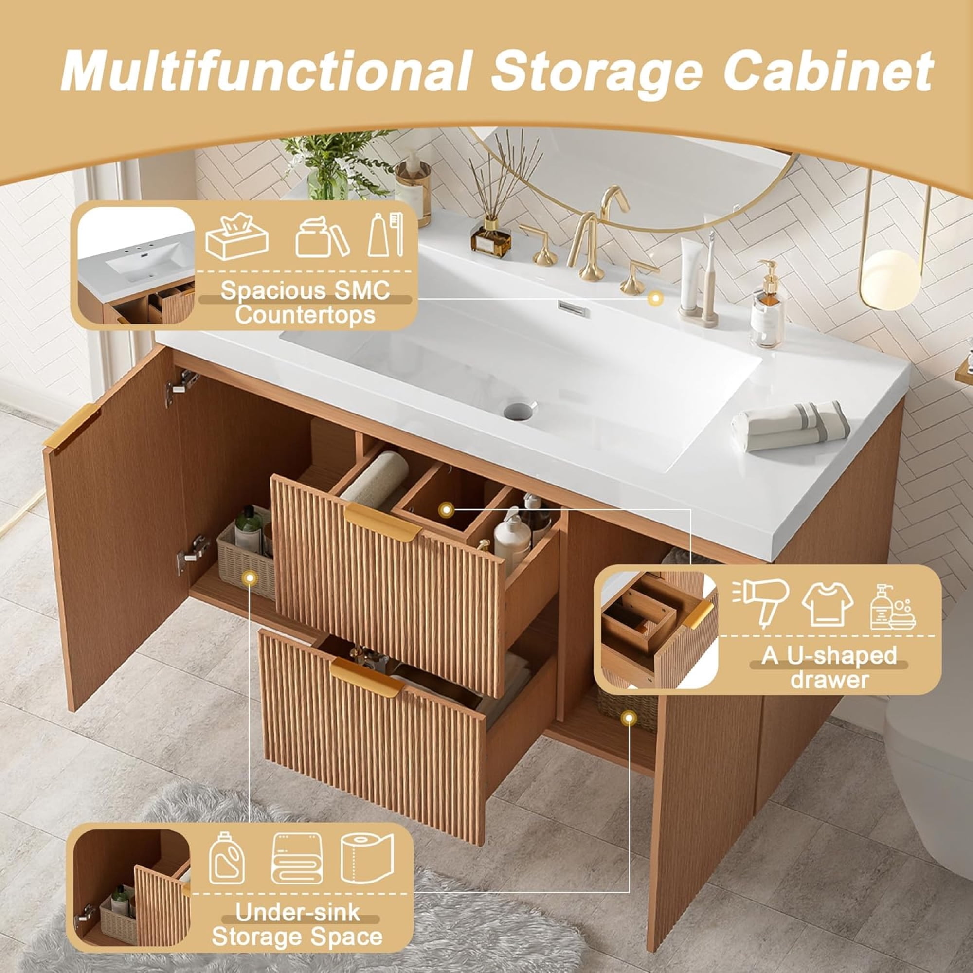 42 inch Bathroom Vanity with Sink Combo, Floating Single Sink Bathroom Vanities with SMC Resin Top, MDF Cabinet with Solid Wood Frame, Wall-Mounted Vanities for Small Bathrooms (42''-Wood)