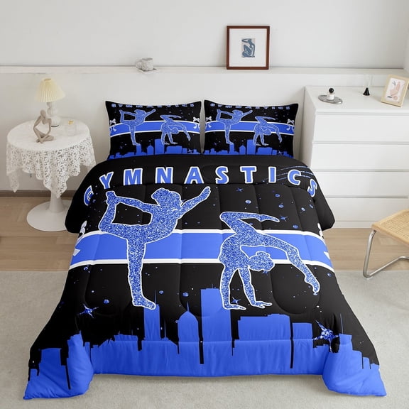 Gymnastics Comforter Set Queen Bedding Set, Dance Princess Bedding Comforter Sets Sports Theme Duvet Set, Navy Blue Black Quilted Comforter Gymnast Home Decor Ultra Soft 3pcs