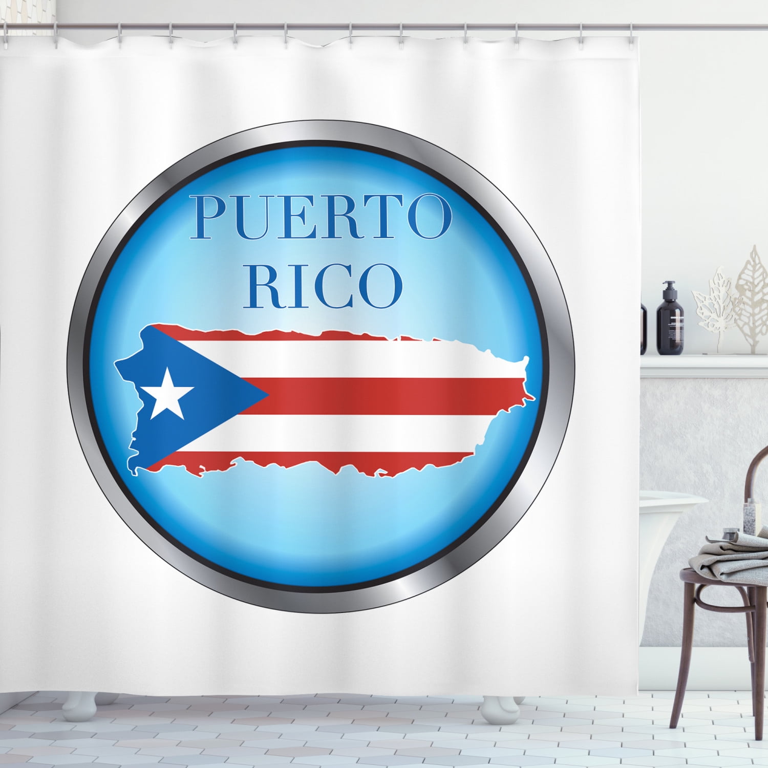 Puerto Rico Shower Curtain, Circular Design with National Flag on the