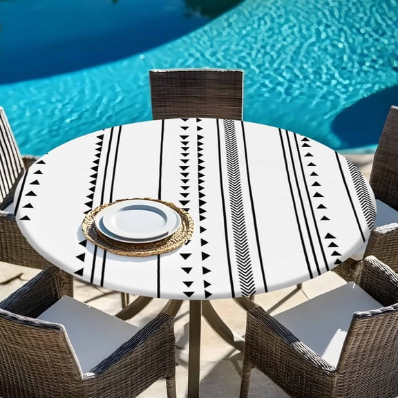Black White Stripes Triangles Boho Style Round Fitted Tablecloth with Elastic Edge,Waterproof Table Cloth Fits 45"-54",Wipeable Table Cover for Indoor Outdoor Dinning,Geometric Abstract Art