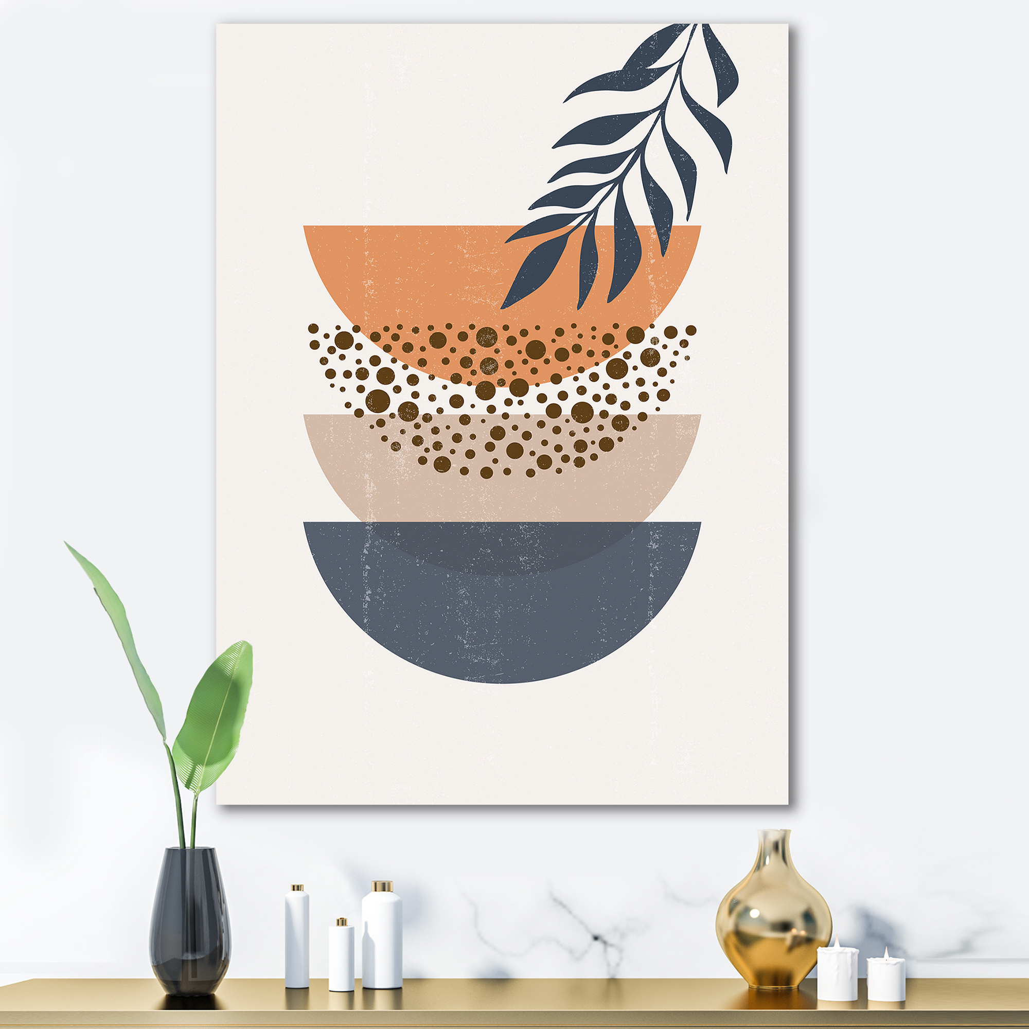 Designart ' Abstract Geometrical Moon and Sun With Leaf IV ' Modern Canvas Wall Art Print