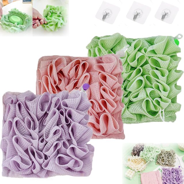 Loufee, The Leeffa Soft Loofah and Washcloth, Leefa Loofah, Shower Loofah con cordón, 2 en 1 esponja de ducha (3PCS-A)