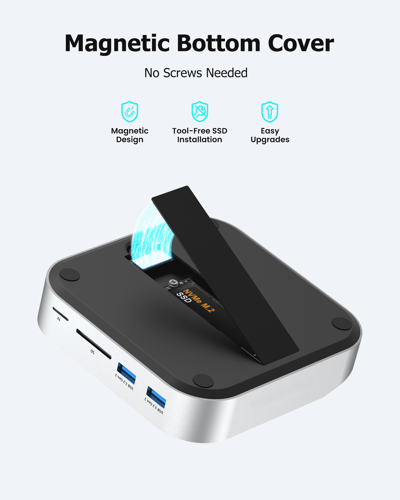 Mac mini M4 Dock, Docking Station Dual Monitor Mac mini Accessories USB C Hub with NVMe SSD Enclosure, 2× USB-A 10Gbps, 3× USB-A 5Gbps, 4K60 HDMI, DisplayPort, SD/TF Card Reader