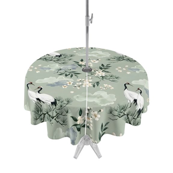 Outdoor Tablecloth with Umbrella Hole for Patio/Picnic/Party/Camping, White Crane Waterproof Table Cloth Round Cover Washable, Japanese Chery Blossom Green Pine Needles Leaves (Dia 54")