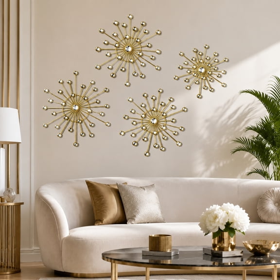 4 Pcs Gold Metal Wall Decor, Rhinestone Sunburst Wall Art, Art Deco Crystal Wall Hanging Set for Living Room, Entryway, Bedroom, Office Decoration