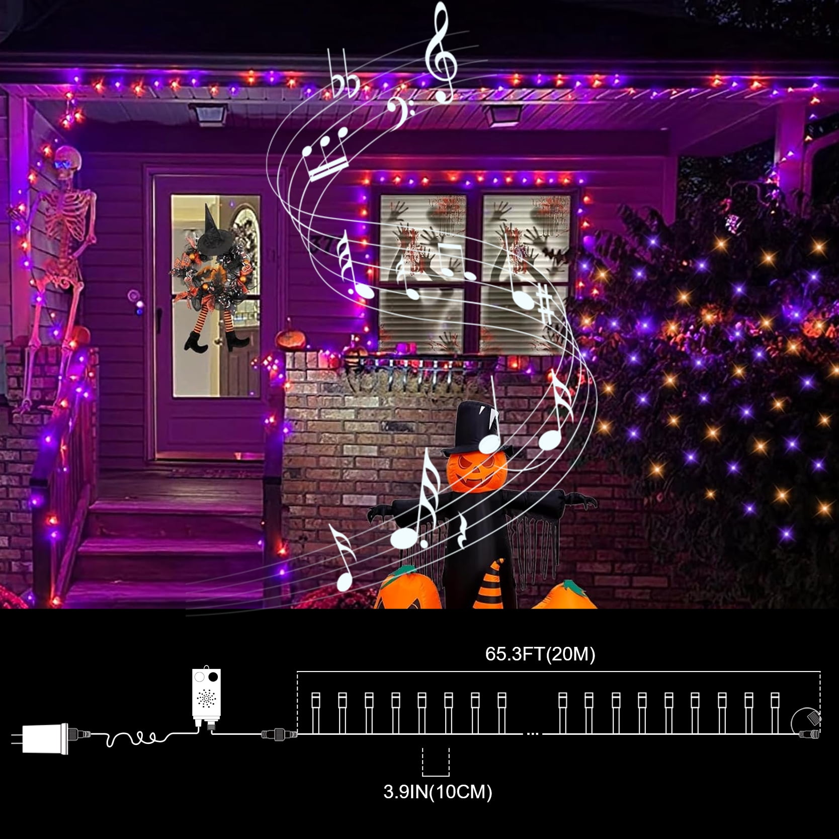 66ft Halloween Lights with Music Motion Sensor Controller,200 LED Fairy Starry String Light Plug in for Indoor Outdoor Xmas Tree Wedding Party Decoration (Orange+Purple)