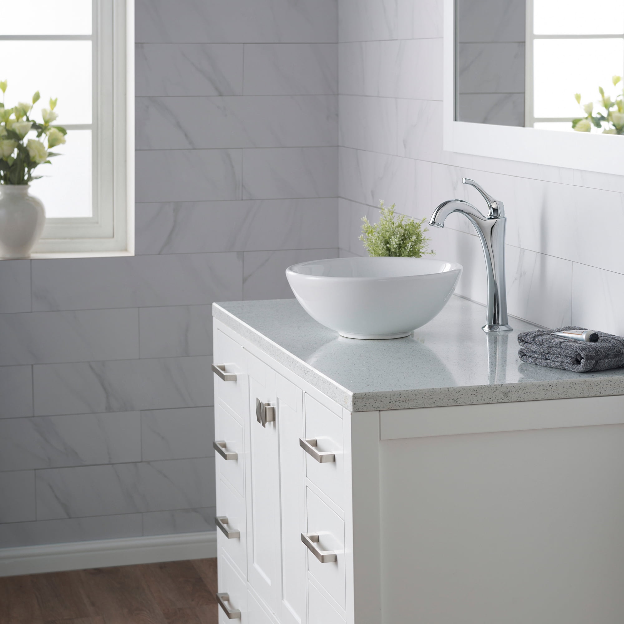 KRAUS Elavo 14-inch Round White Porcelain Ceramic Bathroom Vessel Sink and Arlo Faucet Combo Set with Pop-Up Drain, Chrome Finish