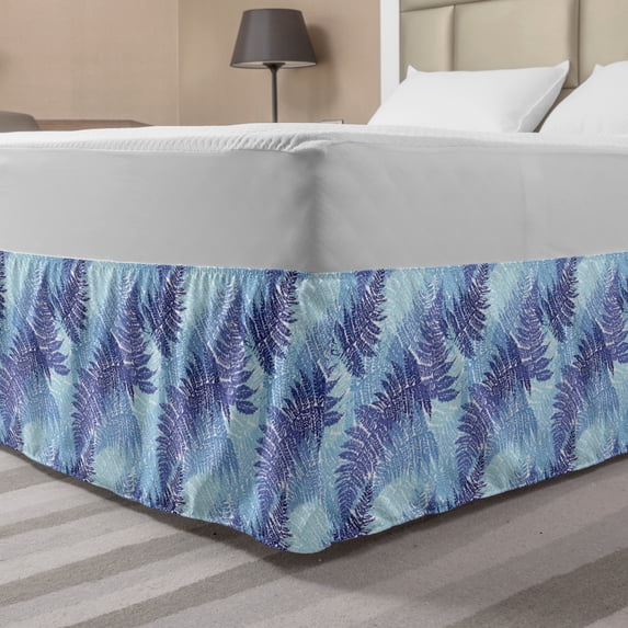 Leaves Bed Skirt, Winter Composition Frozen Fern Arrangement Abstract Seasonal Design, Elastic Bedskirt Dust Ruffle Wrap Around for Bedding Decor, 4 Sizes, Pale Blue Blue, by Ambesonne