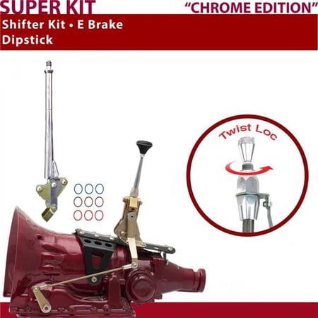 American Shifter AOD Shifter Kit 6 in. E Brake Dipstick Chrome Push Button 16 Handle Ringed Knob for D400F