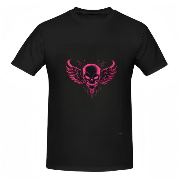 Bold Black Cotton Short Sleeve T-Shirt with Striking Pink Skull and Wings Design - Edgy Graphic Tee Top for Unique Style
