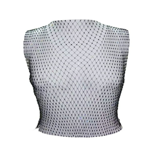 EIMELI Women Mesh Midriff-baring Tops Leisure Rhinestone Decoration Sleeveless Hollow Perspective Tank Top