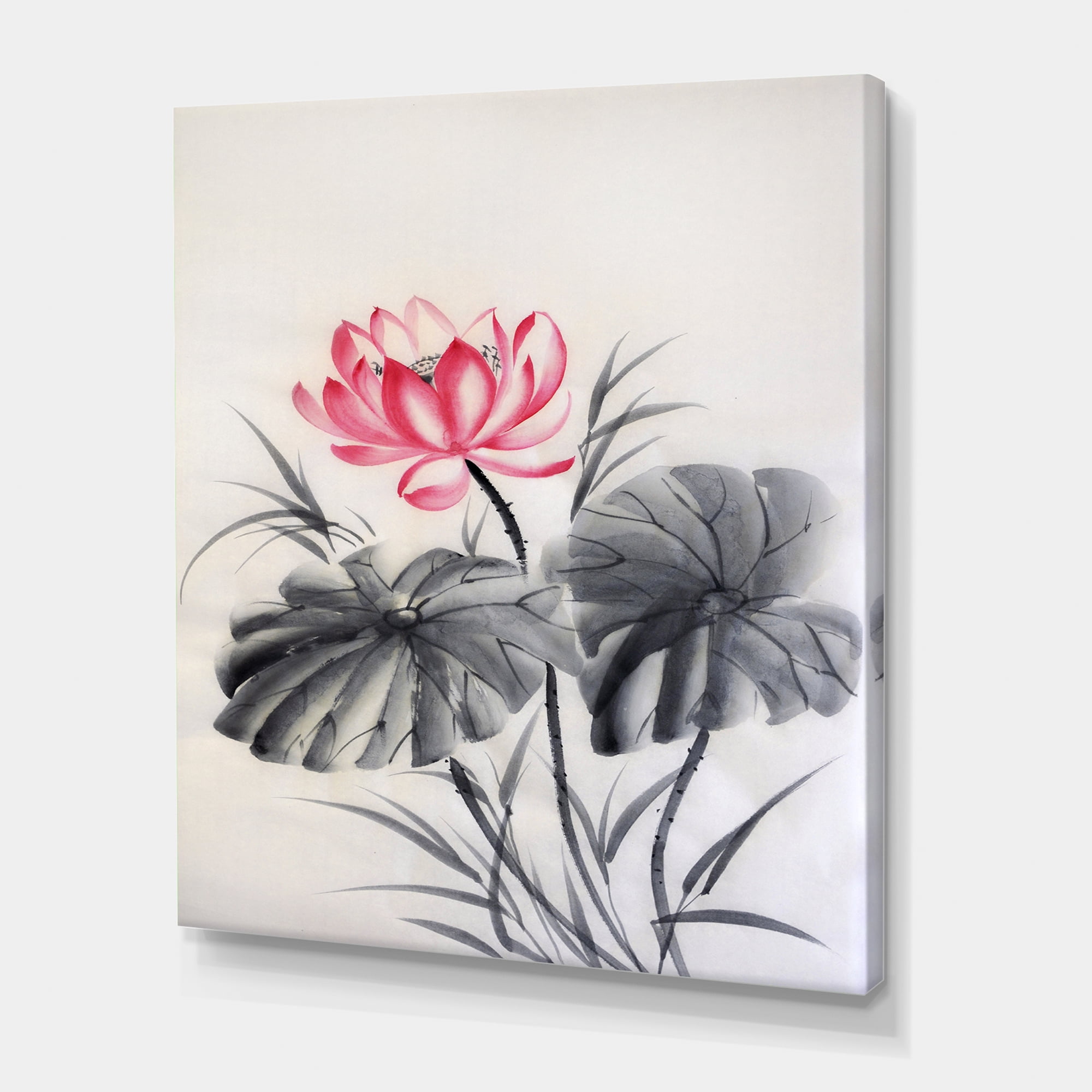Designart ' Two Monochrome Leaves With Lotus Flower ' Traditional Canvas Wall Art Print