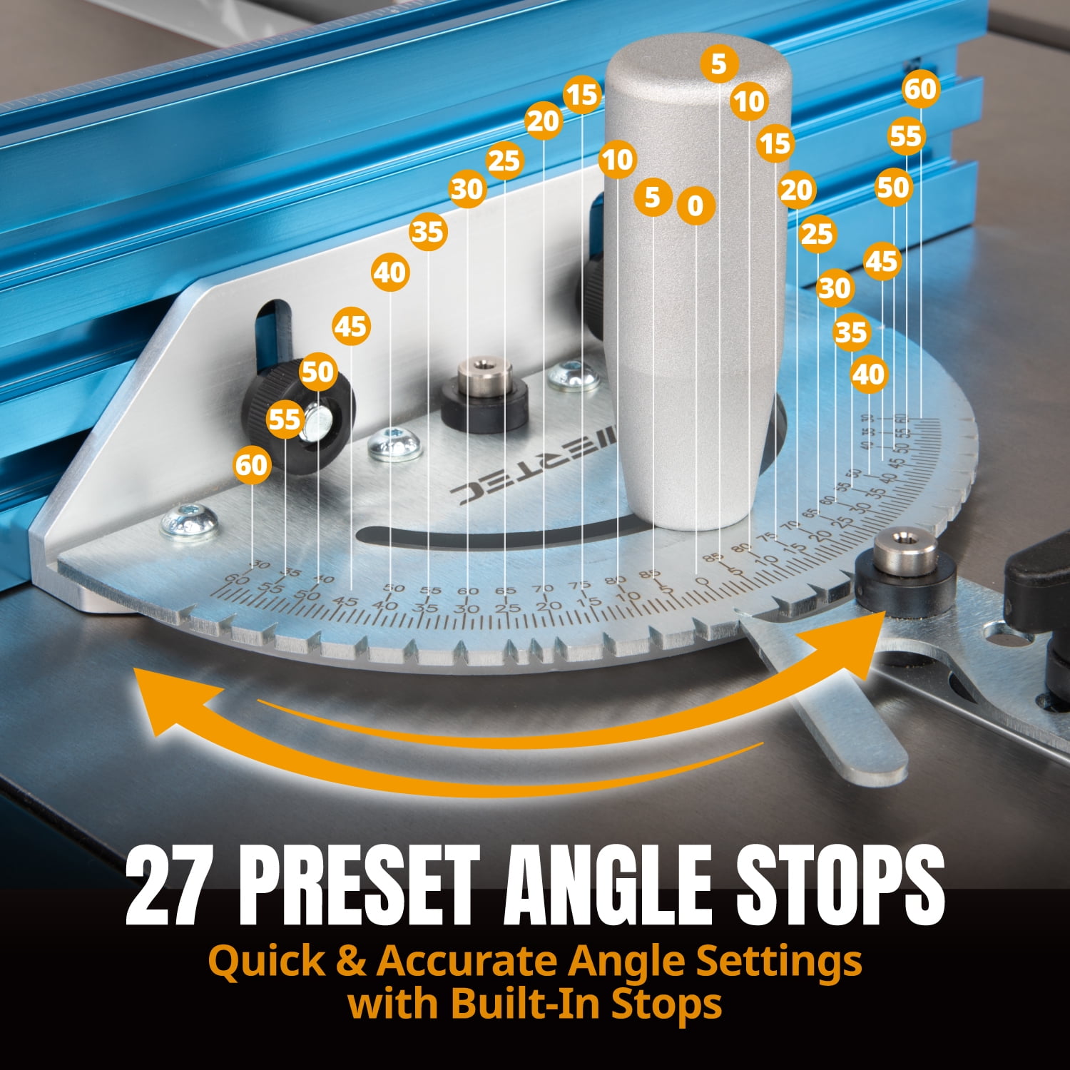 POWERTEC Table Saw Precision Miter Gauge System w/ 27 Angle Stops and 3/4”x 3/8”T-Slotted Miter Bar w/Removable T-Slot Plate; Includes 24”x 3” Multi T–Track Fence w/Scale, T-track Flip Stop, 71391