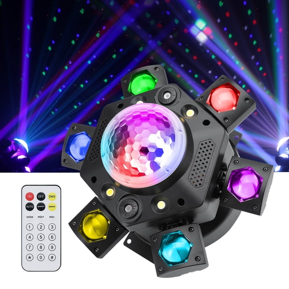 Moving Head DJ Lights, 6 Arm RGBW LED 150W Disco Stage Light with Mixed Lighting Effects, Sound Activated, DMX 512 Remote Control DJ Lights for Disco Club Wedding Party (Kaleidoscope)
