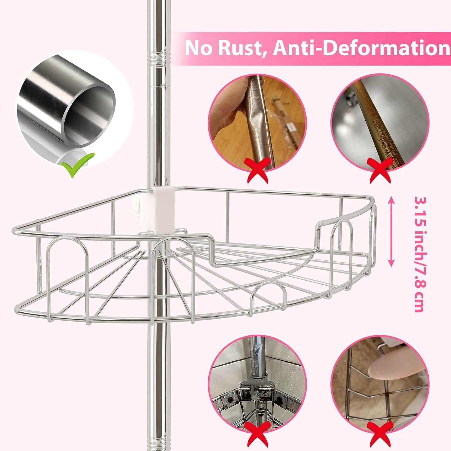 DEROFIT Shower Organizer Caddy 39-125" Stainless Steel Shower Shelves Rack for Inside Shower Bathroom Bathtub Caddy Rustproof Tension Pole Silver