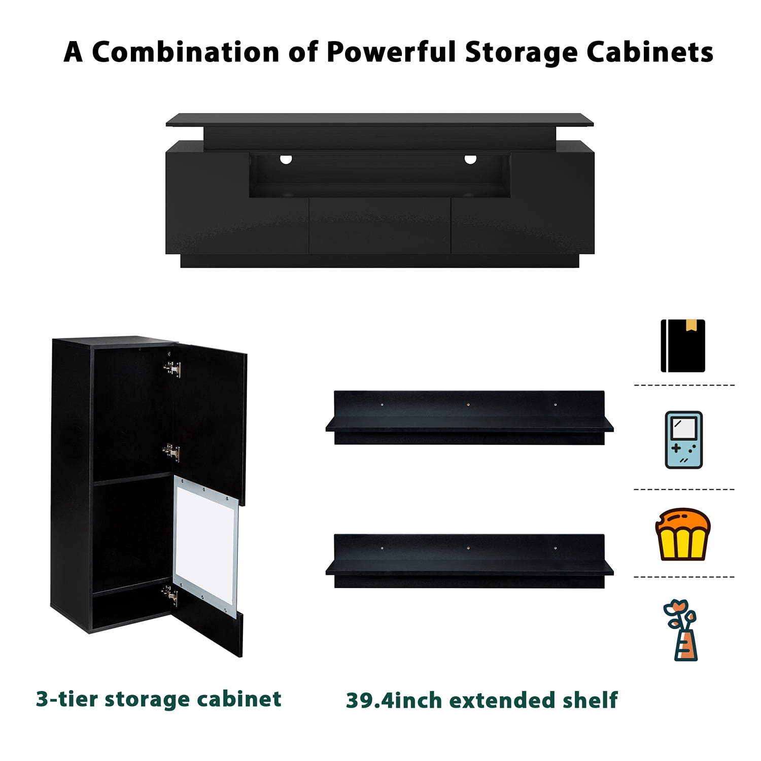 Kadyn 5 Pieces Floating TV Cabinet Set, High Gloss Wall Mounted Entertainment Center with 16-color LED Light, TV Stand Console for 75+ inch TV, Black Kadyn 5 Pieces Floating TV Cabinet Set, High Gloss Wall Mounted Entertainment Center with 16-color LED Light, TV Stand Console for 75+ inch TV, Black