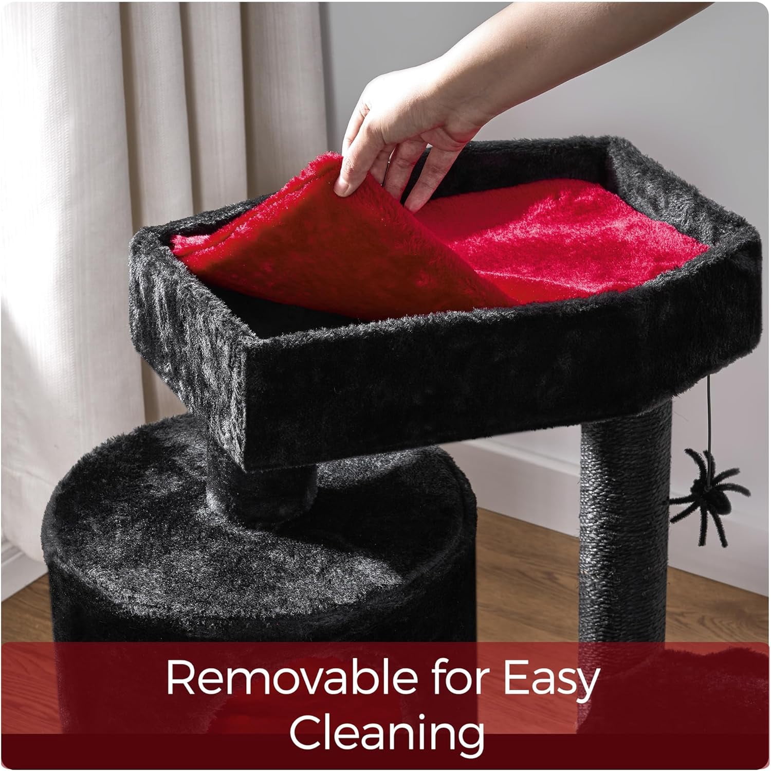 Gothic Cat Tree with Coffin Bed Goth Cat Tower Coffin Cat Tree Cat Condo with Cat Scratching Post, Spider Hanging Ball Black Red Halloween Kitten Pet Furniture