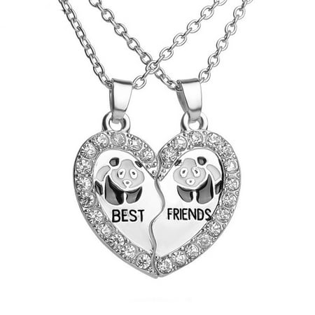 2-Part Best Friend Necklace Crystal Heart Panda Friendship Silver Tone Anti-Tarnish Pendant, (Best Way To Remove Tarnish From Silver)