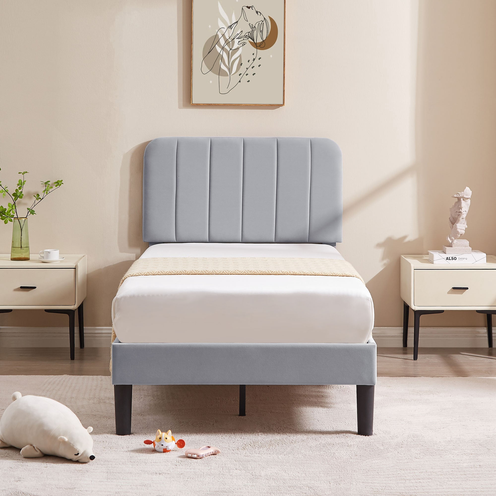 VECELO Twin Size Bed Frame, Upholstered Platform Bed Frame with Adjustable Headboard, No Box Spring Needed, Easy Assembly, Light Gray
